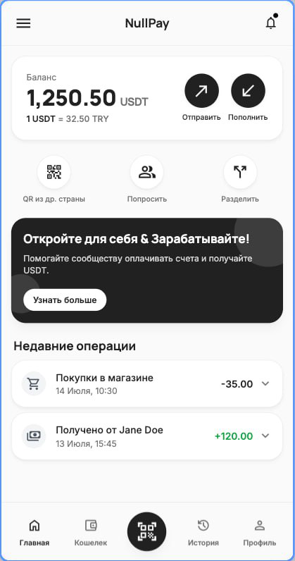 NullPay App - Главный экран